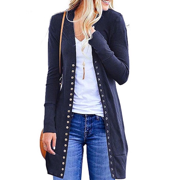 Down Solid Navy Blue Knit Ribbed Neckline Cardigan - Picture 3 of 6